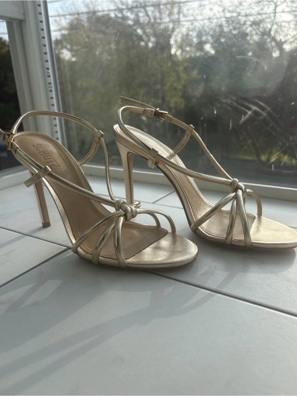 SCHUTZ Gold Knotted Strappy Stiletto Sandals